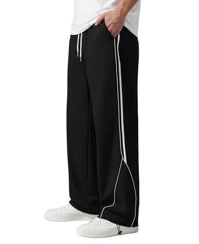 Susclude Baggy Sweatpants Men Wide Leg Track Pants Y2k Lightweight Side Stripe Pants Drawstring Elastic Waist Pants with Pockets Black