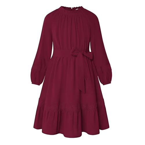 GRACE KARIN Girls Fall Dress Long Sleeve with Pokets Twirl Flowy Swing Lace-Trimmed Holiday Casual Dresses 6-12Y