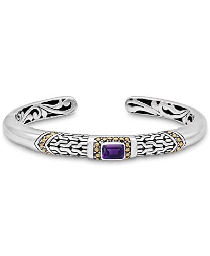 Image of DEVATA Sterling Silver 925 and 18K Gold with Amethyst /Citrine /Garnet /Peridot /Topaz Birthstone Bali Filigree Cuff Bracelet DHK3125