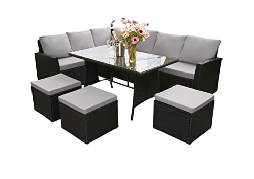 Image of DEVOKO 6-Piece Outdoor Patio Furniture Set HDPE Wicker Conversation Set with Dining Table, Sofa for Porch, Lawn, Garden, Backyard (Black & Grey)