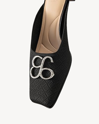 Image of NEWBELLA Women's Square Toe Heeled Mules - Low Heel Slip-On Lightweight Commuter Shoes, Comfortable Fabric Loafers for Office & Casual Wear, Black 6.5