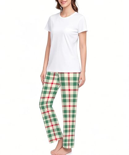 2Pcs Pajamas T-shirt Pants Plaid Sleep Lounge Pj Tops Bottoms Couples All-Match Sets Pjs for Women and Men