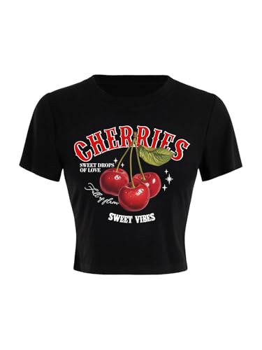BEAUDRM Womens Y2k Cherry Letter Print T Shirts Short Sleeve Crew Neck Summer Tops Streetwear Black X-Large