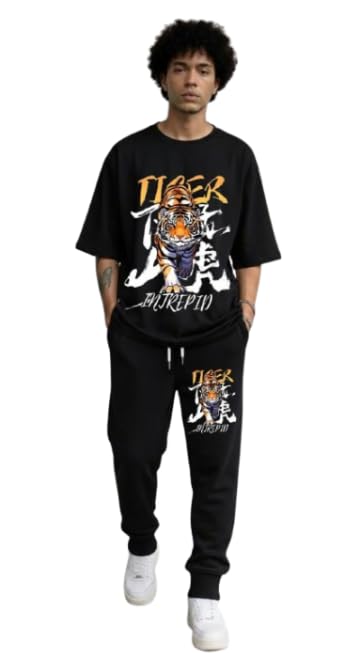 Tiger Print Tracksuit Set, Black, Graphic T-Shirt and Joggers, 2 Piece Outfit (IN, Alpha, L, Regular)-image-23