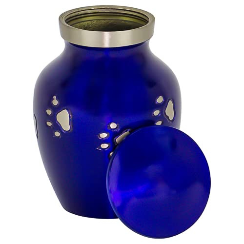 Blue with Silver Paw Prints Extra Small Pet Cremation Urn for Ashes, Brass, Blue Pet Urn, Dog Urn, Cat Urn, Extra Small Sized Pet Urn, 3.75 Inches High