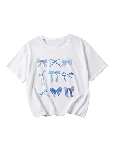 Girl's Bow Graphic Tees Crew Neck Short Sleeve Summer T Shirts Preppy Cute Clothes for Girls