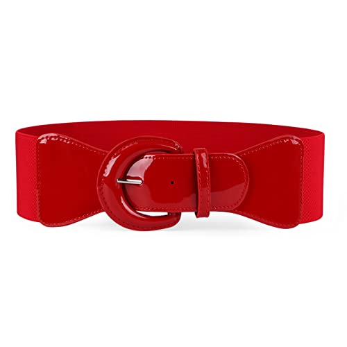 JASGOOD Women Wide Stretch Belt,Vintage Chunky Buckle Elastic Waist Belts Patent Leather Belt 50s Belt for Dress