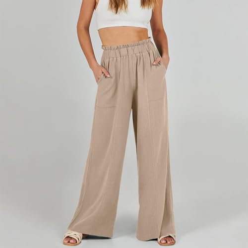 Women Linen Pants Summer Wide Leg Pants with Pockets Ruffle Palazzo Pant Flowy Boho Travel Beach Pant4