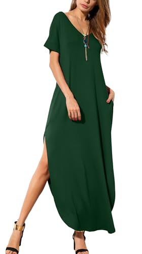 Image of GRECERELLE Women's Summer Maxi Dress Casual Loose V Neck Short Sleeve Side Split Long Dresses with Functional Pockets