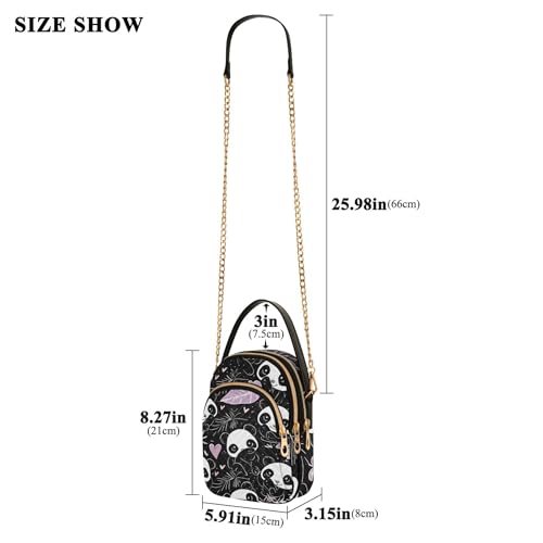Woman Shoulder Handbag Quilted Phone Bags with Chain Strap Floral Zipper Crossbody Bowler Bag Cute Pandas Black3