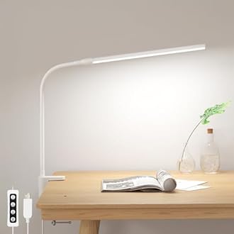 Lepro LED Desk Lamp Flexible 360° with Clip, 54LEDs 460LM USB Reading Lamp, Dimmable, 3 Lighting Modes x 10 Brightness Levels, for Office, Bedside, Study (White)