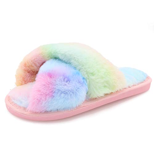 Product Image of the Womens Fuzzy Slippers Sandals Leopard Plush Open Toe Faux Fur Fluffy House Flats Slippers Cross Band Soft Warm Comfy Cozy Bedroom Slide Slippers (Rainbow, 7.5)