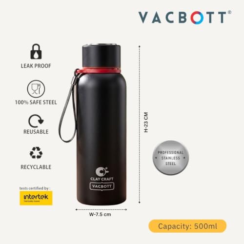 Image of Clay Craft Evevrest 500 Ml Double Wall Vacuum Insulated Stainless Steel Water Bottle | 24 Hrs Cold & 18 Hrs Hot | 1 Year Limited Warranty | AIRITIGHT, BPA-Free | BIS Certified| Made In India (Black)