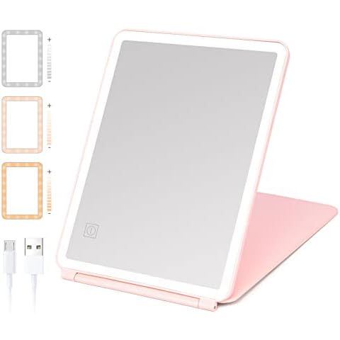 Buqikma Travel LED Makeup Mirror with Light,10.6Inch Rechargable Lighted Travel Mirror with 3 Colors Light Folding Portable Makeup Mirror 1600mAh Batteries Touch Screen Dimming for Travel Cover