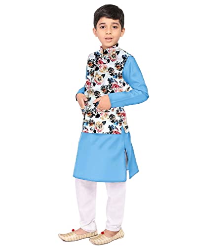 Image of Os Men's & boy kurta pyjama set with nerhu jackets (Multi printed) in cotton (baap beta|father son|)