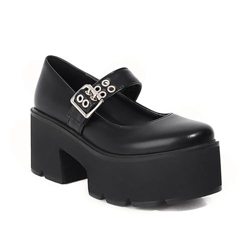 NELSBREXWomen'S Leather Chunky Platform Gothic Mary Jane Shoes Fashion Round Toe Double-Breasted Buckle Lug Sole Non-Slip Height-Enhancing Block High Heel Party Dance Y2K Pumps