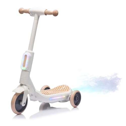 2-in-1 Kids Electric Scooter 3-Wheel LED Light Up with Spray Tail, Music, Wide Pedal & One-Button Start, Safe Ride-On Toy for Ages 3+ (6V Battery, 66lbs Max) (White)