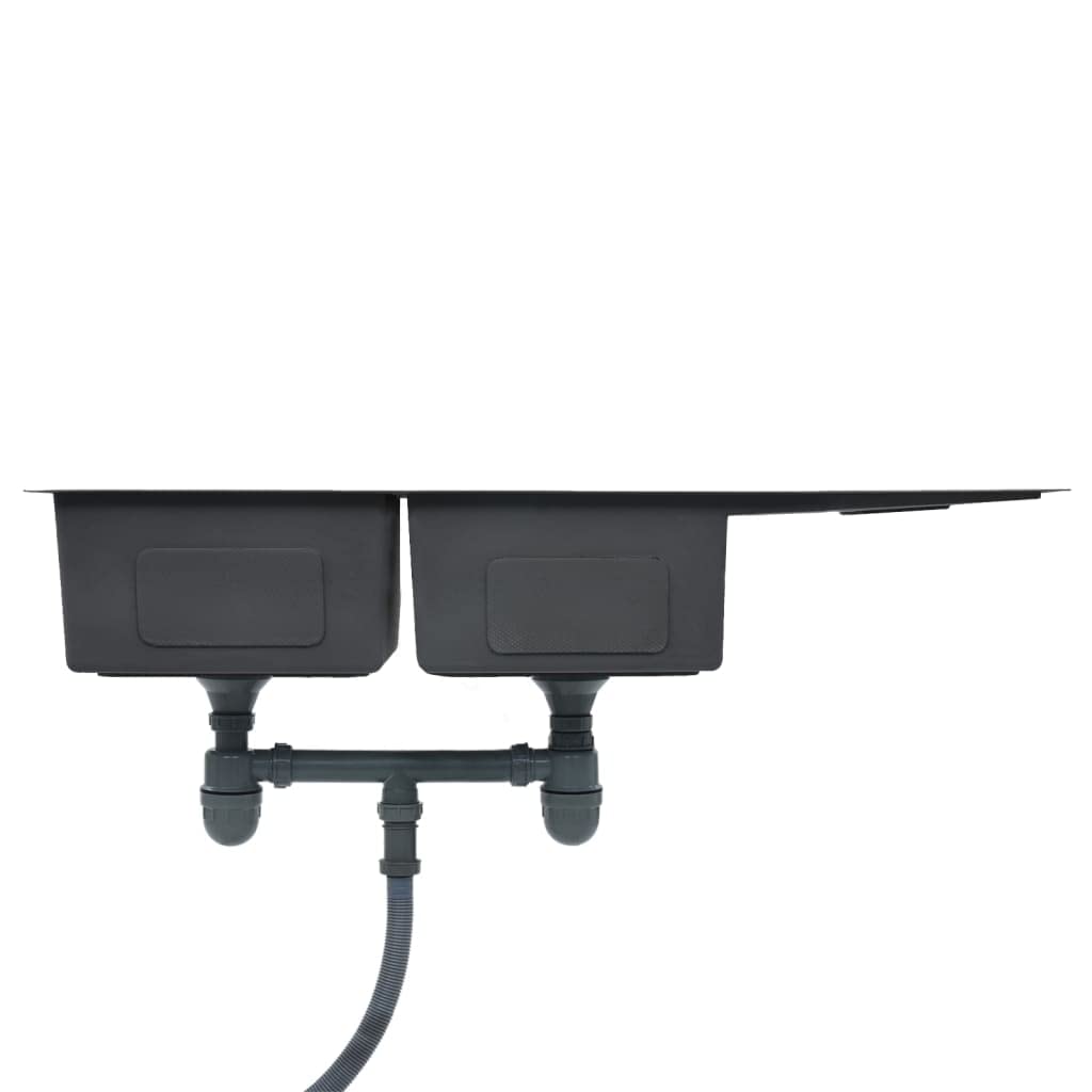 vidaXL Fregadero Cocina Hecho a Mano con Colador Doble Seno Grado Alimentario Diseño de 2 Seno Extraprofundo Flujo Rápido Acero Inoxidable