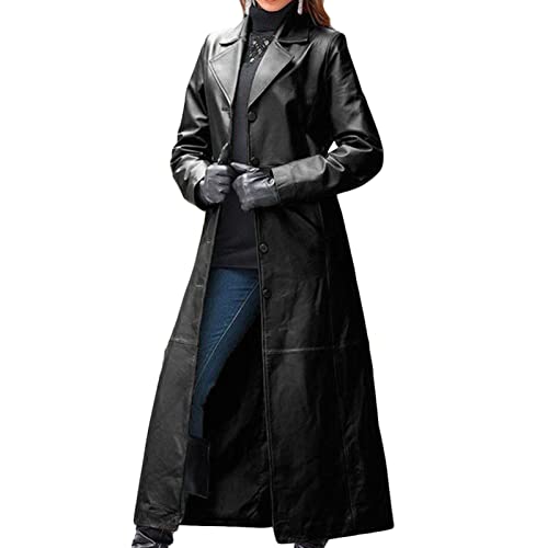DGHM-JLMY Women Casual Lapel Long Suit Trench Coat Outerwear Slim Slim Leather Windbreaker Faux Leather Long Jacket