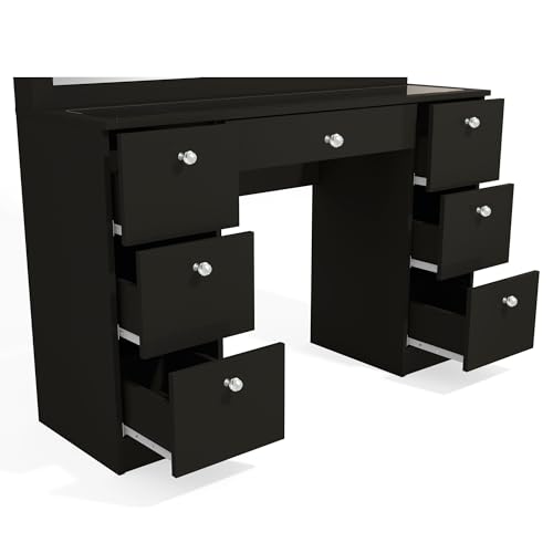 Boahaus Yara LARGE Bedroom Makeup Vanity Desk with Mirror and Lights, 7 Drawers, Glass Top, USB Port Crystal Ball Knobs - Black Big Vanity Makeup Desk, Built-in Lights, 56\'\' H x 46.3\'\' W x 14.6\'\' D
