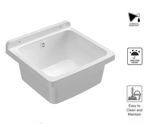 Adventa: Wanne aus PP-Kunstharz, Wandbefestigung, kompakt, mit Siphon und Ablaufgarnitur, beständig gegen Säuren, Waschküche, Garage, Außenbereich, 40 x 40 x 19 cm, weiß