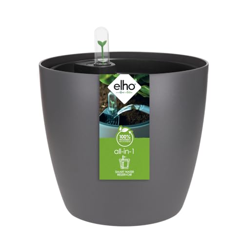 elho All-in-1 Brussel Rund 18 + Swi 17 - Blumentopf für Innen - 100% Recycelter Kunststoff - Ø 18 cm - Schwarz/Anthrazit
