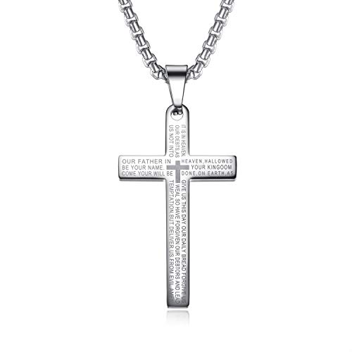 Blowin Unisex Silver Stainless Steel English Bible Lord Prayer Pendant Cross Necklace 24 Inch Chain