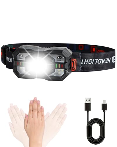 FitDA Headlamp LED Rechargeable Head Torch USB C Extremely Bright Dimmable with 3 Light Modes, Sensor and Magnet, IPX4 Waterproof Headlamp LED Rechargeable for Hiking Fishing