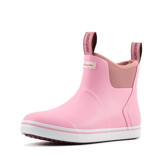 SUREWAY Women's Ankle Fishing Deck Boots for Women,Short Waterproof Neoprene Rubber Rain Boots,Lightweight Garden Work Shoes for Women,Upgraded Slip Resistant,New Pink,Size 9