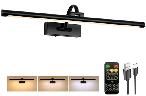 Image of Tassuowell Picture Light Battery Operated with Remote, 3CCT Dimmable Picture Light for Paintings, Black Rechargeable 24 inch Battery Operated Wall Sconce for Art Lighting Gallery Portrait Artwork