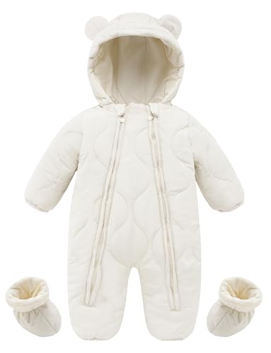Happy Cherry - Buzo Invierno Bebé con Cubrepiés Mameluco Cálido Niño Niña con Capucha Mono Acolchado Recién Nacido Ropa de Una Pieza Traje de Nieve Infantil Romper Calentito - 12-18 Meses - Blanco