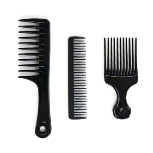 Set de 3 Peignes Cheveux Antistatiques | 1 Peigne Démêlant Large, 1 Peigne de Finition, 1 Peigne Fourche | Plastique Haute Qualité Noir, Pour Cheveux Afro,...