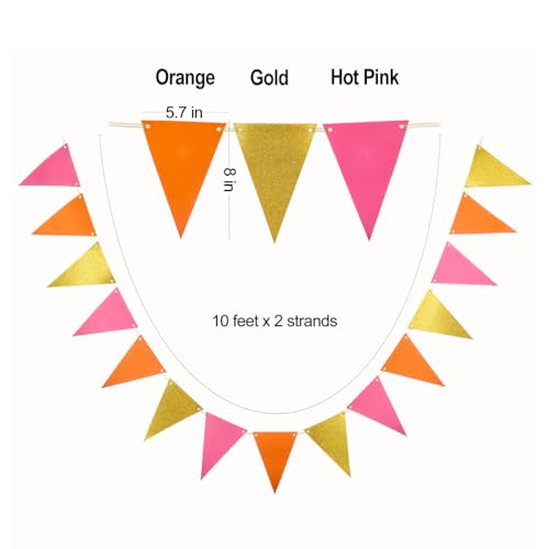 Image of MOWO Hot Pink Orange and Gold Pennant Banner Paper Bunting, 30pc, 20 feet | Hanging Decoration, Graduation Birthday Autumn Fall Groovy Theme Party, new year valentines day party decoration