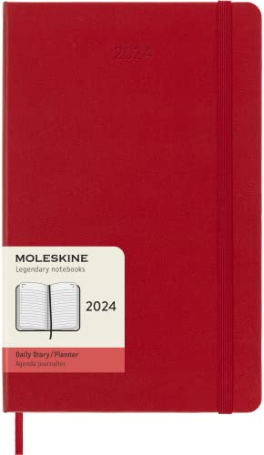 Moleskine Agenda Diaria 12 Meses 2024, Agenda 2024, Formato Large 13x21, Tapa Dura y Cierre Elástico, Color Rojo Escarlata