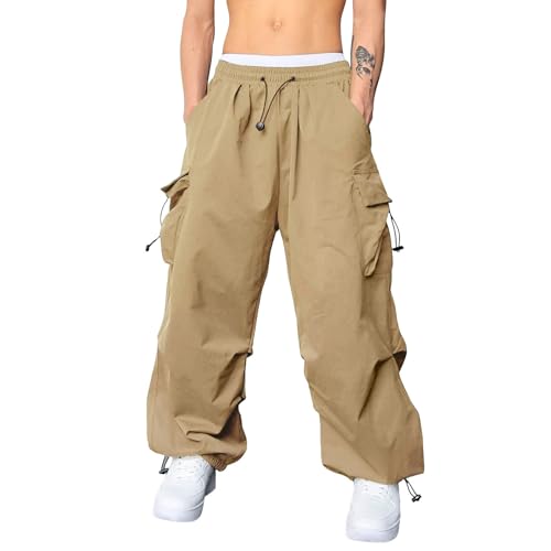 Men's Baggy Cargo Pants Hip Hop Street Parachute Pant Y2K Casual Loose Fit Drawstring Elastic Trousers with Pockets