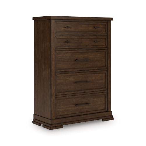 Image of Signature Design by Ashley Taffenbrook Farmhouse 5-Drawer Chest with Felt-Lined Top Drawer and Easy Glide for Bedroom, Dark Brown