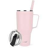 Sursip 40 oz Insulated Tumbler with Screw Lid - Stainless Steel Vacuum Cup with Straw and Handle, Keeps Drinks Cold up to 24 Hours - Sweat/Leak Proof, Dishwasher Safe, Fits Car Cup Holder (Pink)