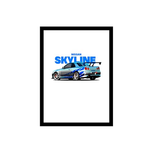 Image of BLINKART Nissan Skyline GT-R (R34) CarFramed Posters Gift Items Boys Room Wall Decoration Bedroom Office Studio Synthetic Wood Frame & Acrylic Glass Ready to Hang - 12x8 Inch, (A4 Size) - CAR-264