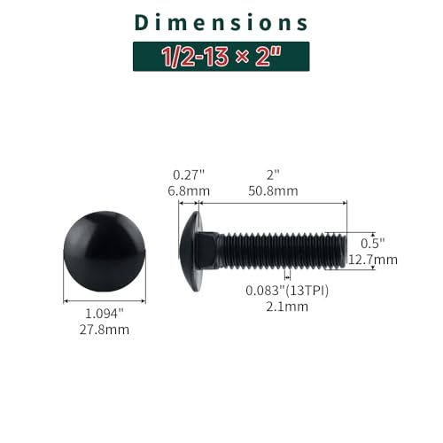 Image of 1 /2-13 x 2 Black Carriage Bolts with Nuts and Washers Kits (8 Sets), 304 Stainless Steel 18 /8, Black Finish, Round Head, Square Neck, Heavy Duty Bolts, Indoor Outdoor Fastening Bolts, Fayeploo