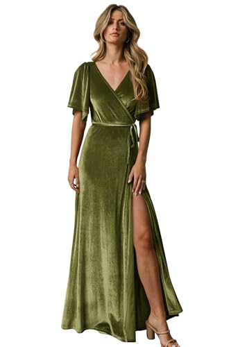 Ouyisha Velvet Bridesmaid Dresses Long for Women V-Neck Short Sleeve Formal Maternity with Slit