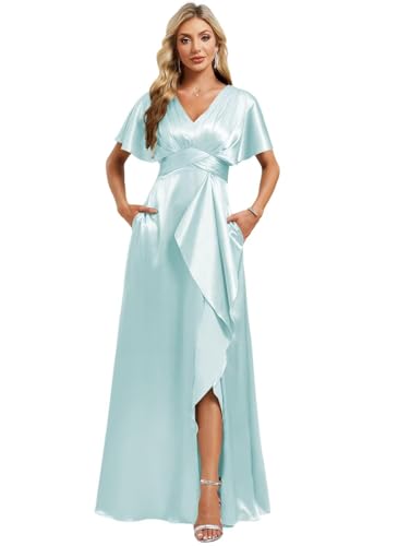 Image of Elegant Satin Bridesmaid Dress with Sleeves Ruffles High Silt Formal Dresses Long for Women Fall DIN022