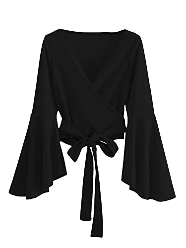 SweatyRocks Women's Long Sleeve V Neck Tie Knot Bandage Wrap Blouse Crop Top