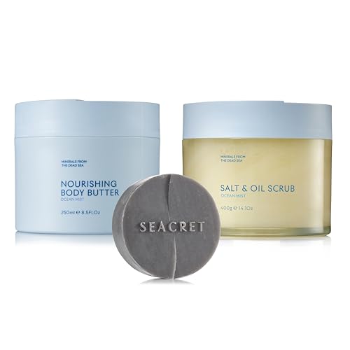 SEACRET Minerals From the Dead Sea Body Care Bundle - Mud Bar Soap (4.4 oz), Salt & Oil Scrub (14.1 fl oz), Nourishing Body Butter (8.5 fl oz) - 3-Piece Set