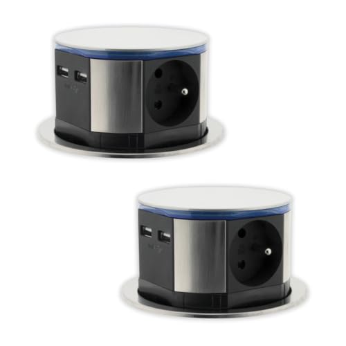 Lot de 2 blocs multiprises encastrables compact LED 3 prises 16A 2P+T & 2x USB - Inox - Otio