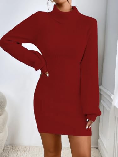 Image of Turtleneck Sweater Dress for Women Lantern Sleeve Mini Bodycon Ribbed Knit Sweater Pullover Short Dresses XS-XXL