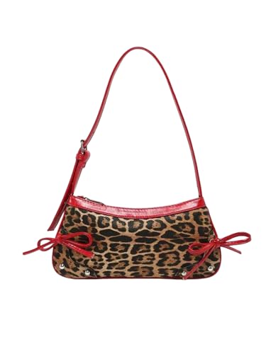 QWINEE Women's Bow Knot Leopard Print Shoulder Bag Zipper Faux Leather Underarm Purse with Adjustable Strap