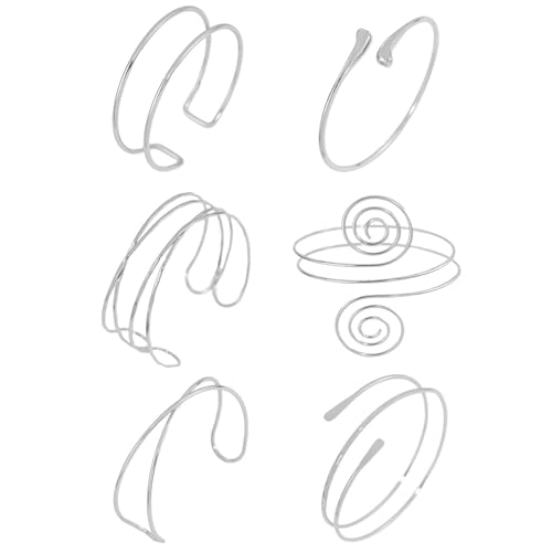 NOIMTTY 6 Pcs Silver Arm Cuff Jewelry for Women - Adjustable Minimalist Boho Upper Arm Cuffs Bracelet Bangle Set for Beach Party Festival Gifts