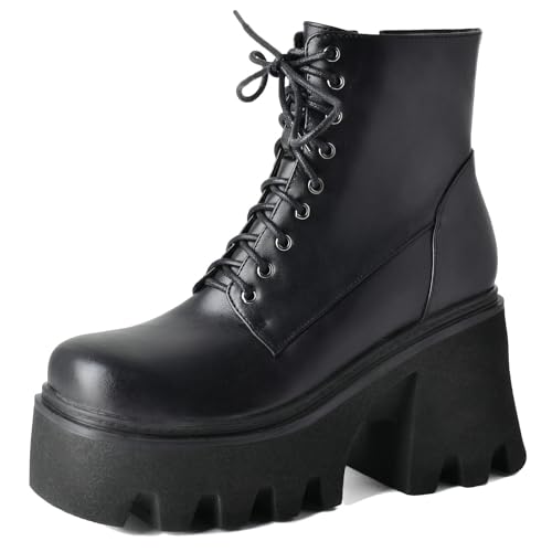 Shinelly Women's Platform Combat Boots Round Toe Lace Up Chunky Heel Ankle Boots