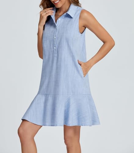 Image of Women Sleeveless Mini Dress Button Down Shirt Dress V Neck Reffle Hem Cotton Linen Tunic Short Dress