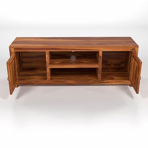 Image of Solid Sheesham Wood Entertainment TV Unit with 2 Door | Rosewood Tv Stand /TV Cabinet for Living Room | Bedroom | Wooden TV Panel with Shelf Stoarge | TV Table (Honey)